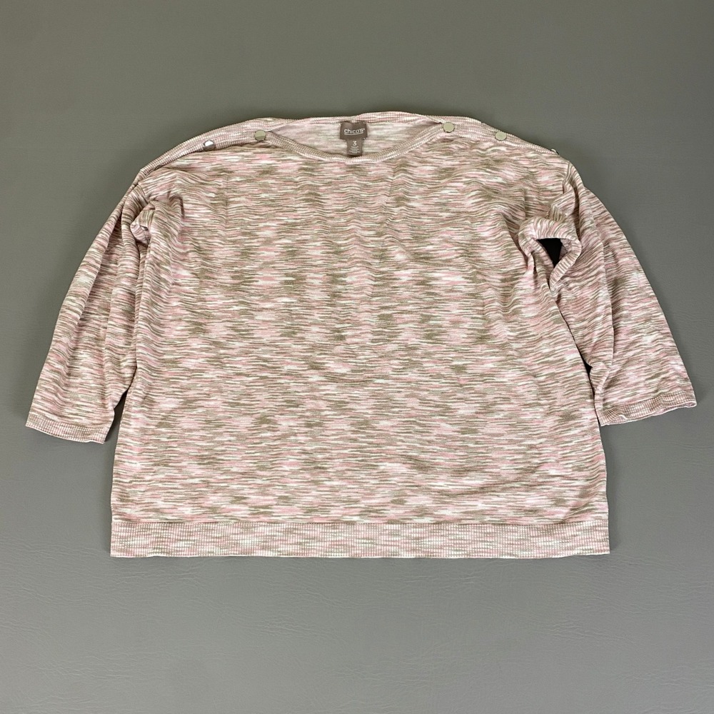 Chico's Sweater Top Women's 3 (US XL) Pink Beige Knit Button Detail 3/4‎ Sleeve